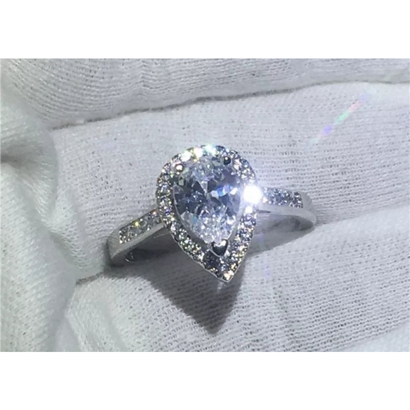 NEW 3ct Rhodium Silver‎ Pear Halo Teardrop Engagement Ring Size 8